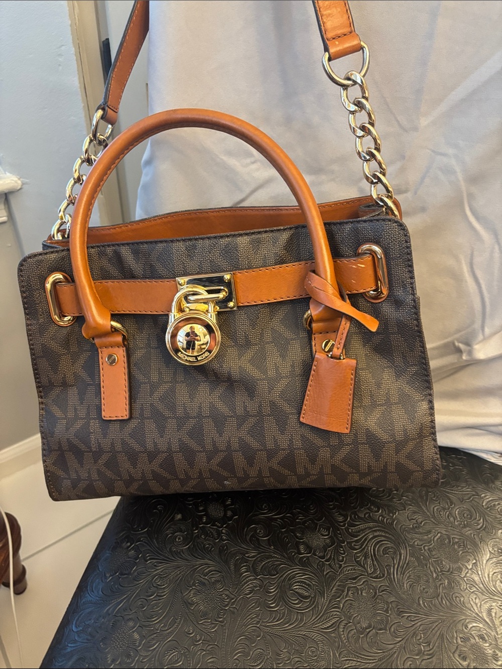 Michael Kors Brown MK Monogram Satchel with Tan Leather Accents